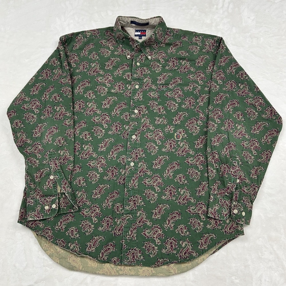 Tommy Hilfiger Button Down Shirt Mens XL Green Paisley Long Sleeve Cotton